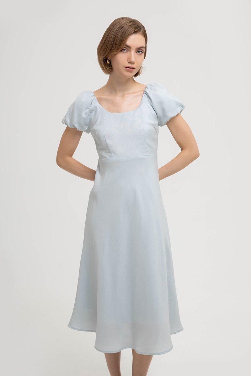 JOLINA PUFF SLEEVES BIAS LINEN DRESS