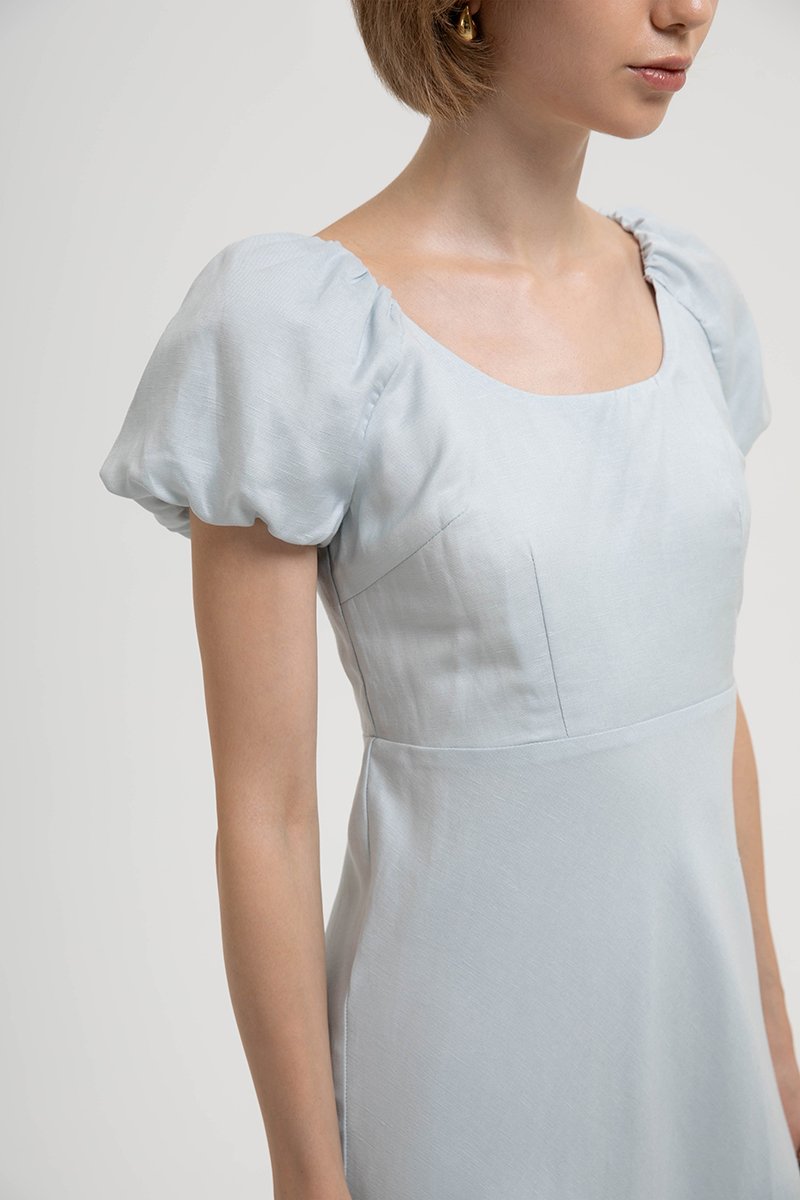 JOLINA PUFF SLEEVES BIAS LINEN DRESS