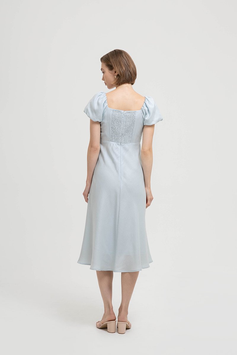 JOLINA PUFF SLEEVES BIAS LINEN DRESS