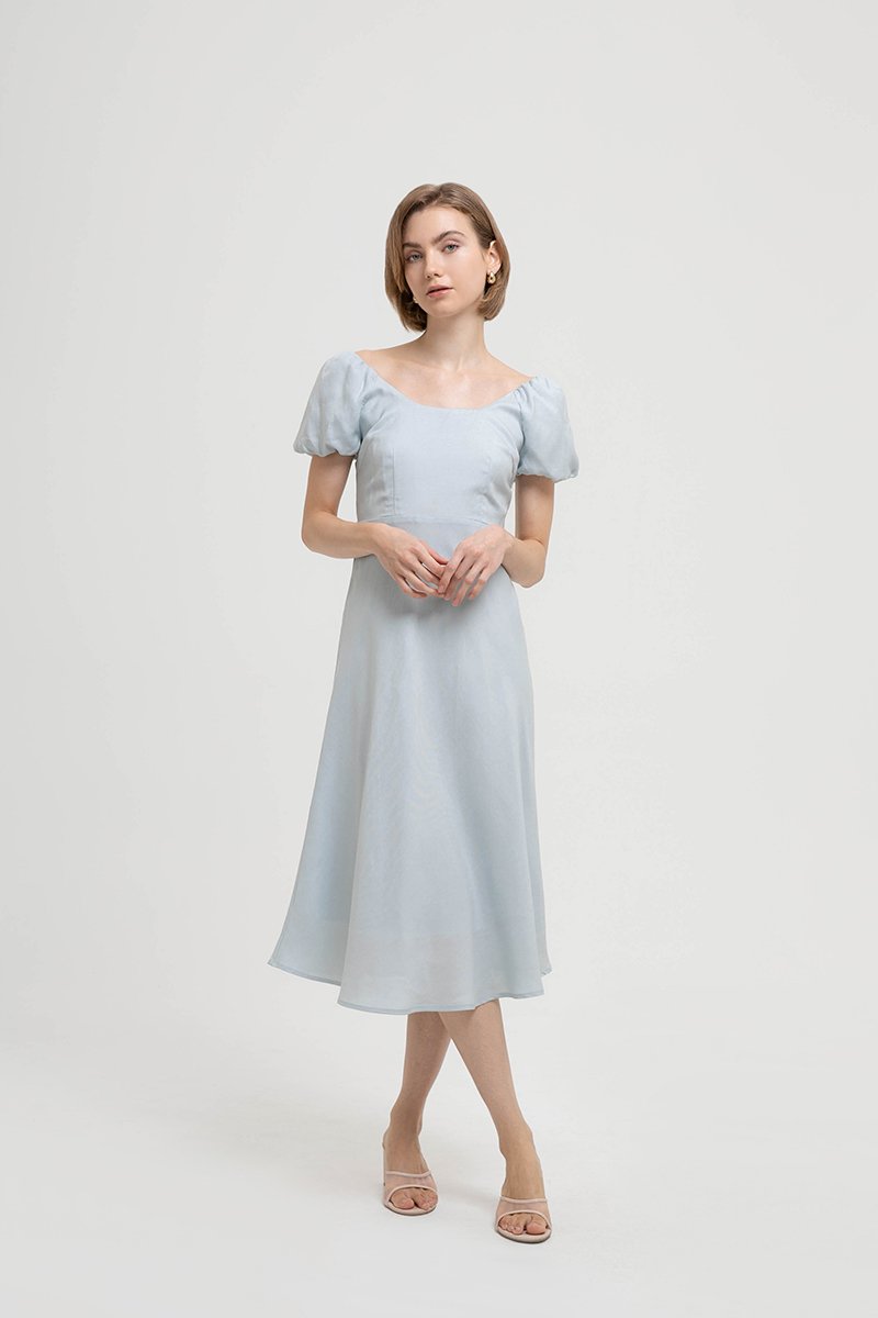 JOLINA PUFF SLEEVES BIAS LINEN DRESS
