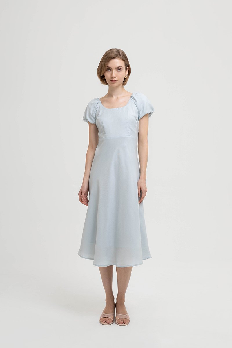 JOLINA PUFF SLEEVES BIAS LINEN DRESS