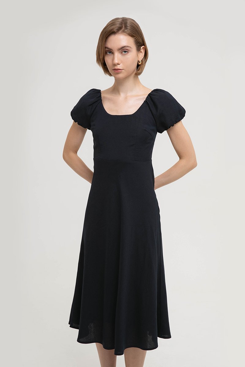 JOLINA PUFF SLEEVES BIAS LINEN DRESS