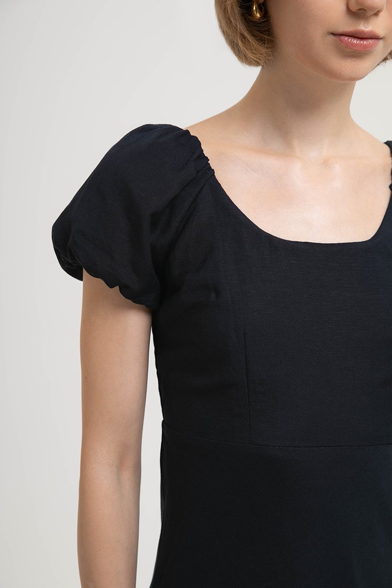 JOLINA PUFF SLEEVES BIAS LINEN DRESS