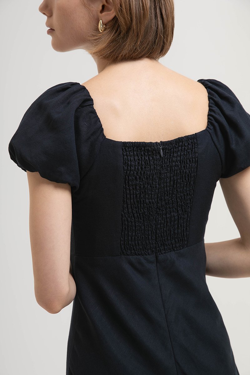 JOLINA PUFF SLEEVES BIAS LINEN DRESS