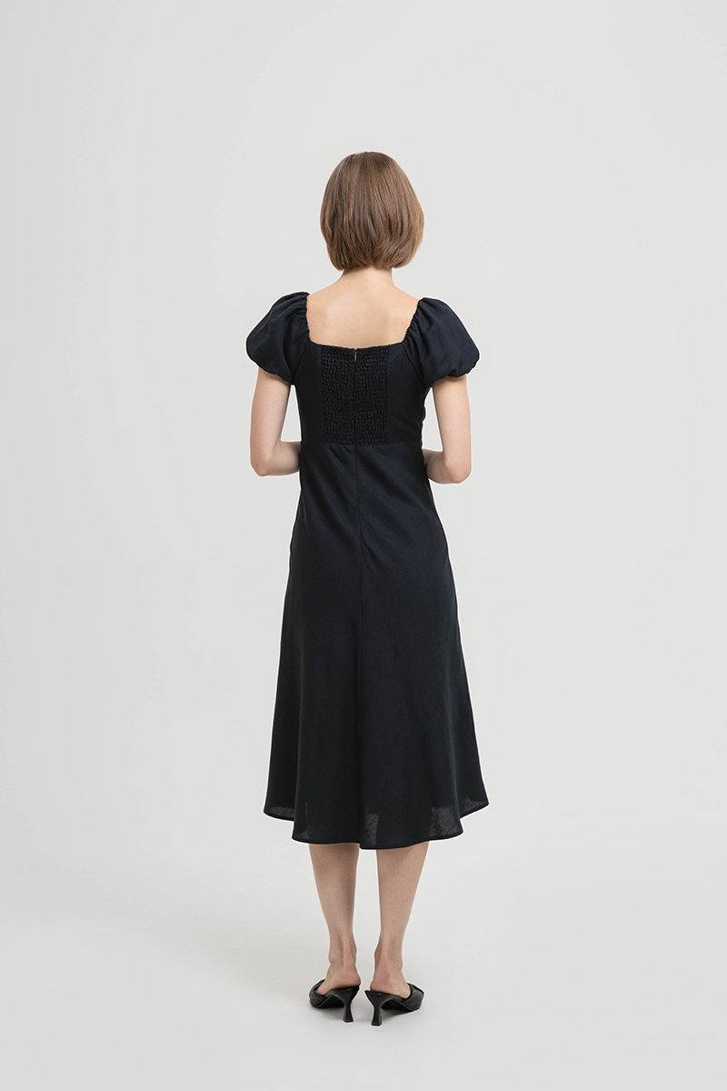 JOLINA PUFF SLEEVES BIAS LINEN DRESS