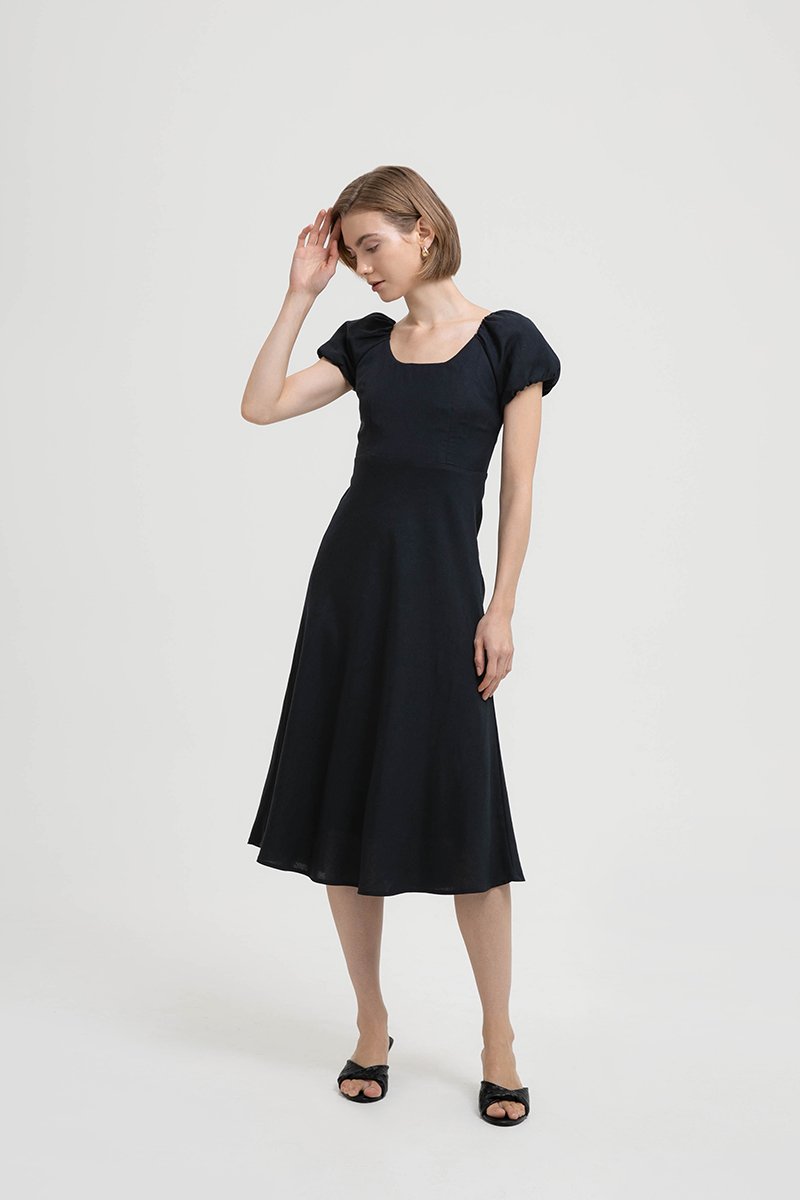 JOLINA PUFF SLEEVES BIAS LINEN DRESS