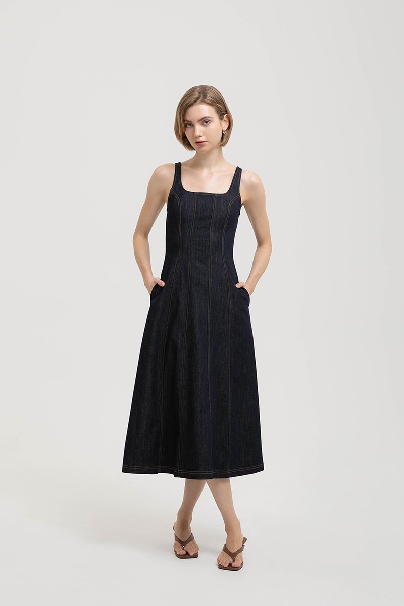 CHRISTA PANELLED DENIM MIDI DRESS
