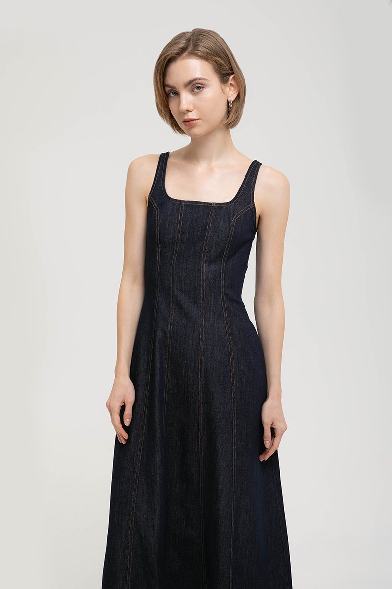 CHRISTA PANELLED DENIM MIDI DRESS