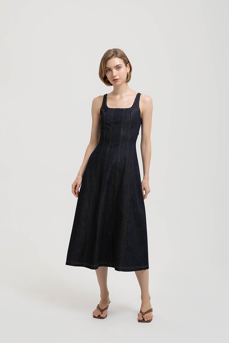 CHRISTA PANELLED DENIM MIDI DRESS