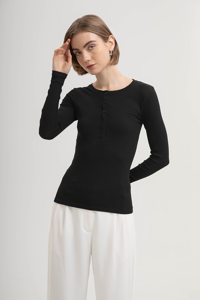 STACIA BUTTONDOWN LONGLINE RIBBED KNIT TOP
