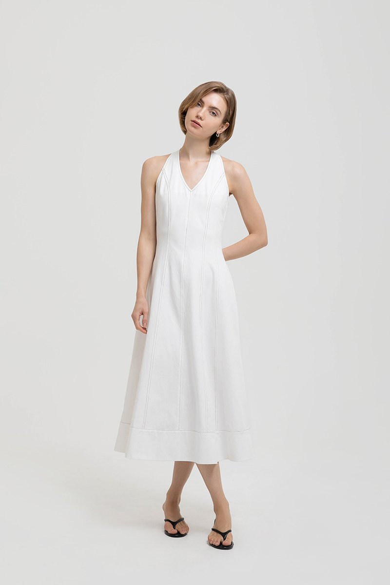 TAMARA HALTER PANELLED DENIM DRESS