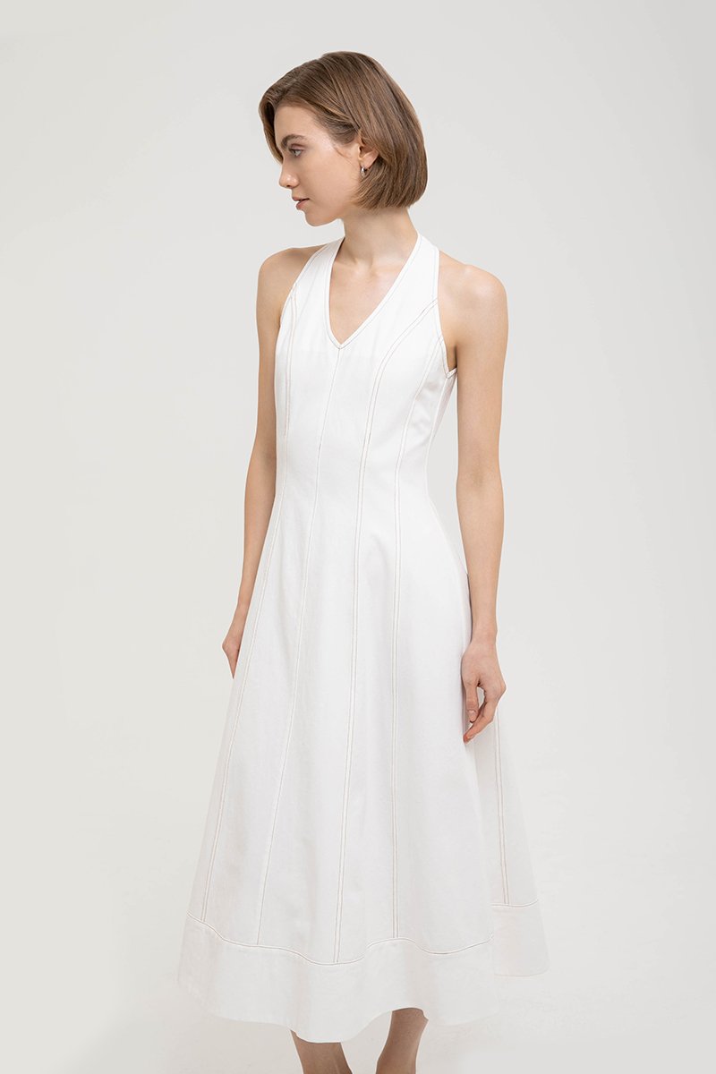 TAMARA HALTER PANELLED DENIM DRESS
