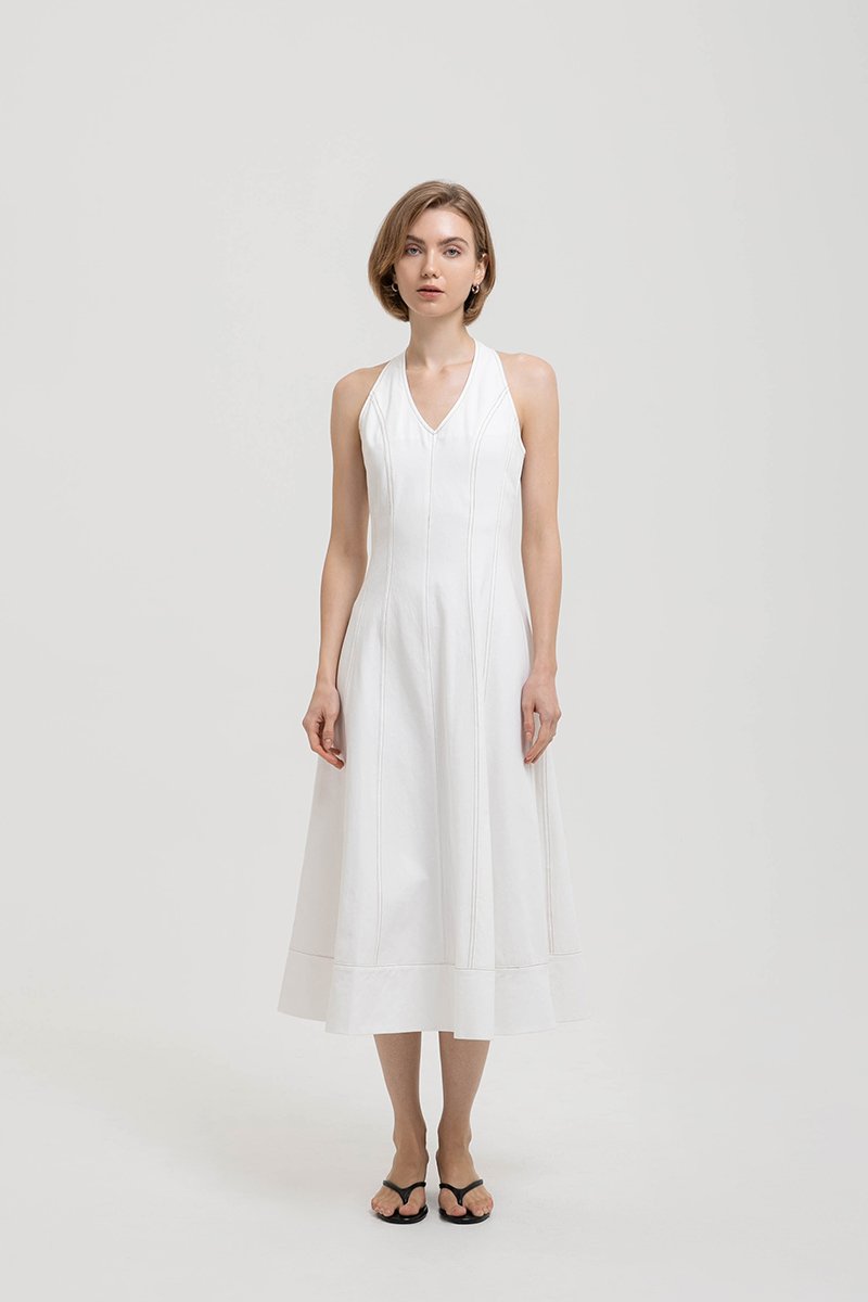 TAMARA HALTER PANELLED DENIM DRESS