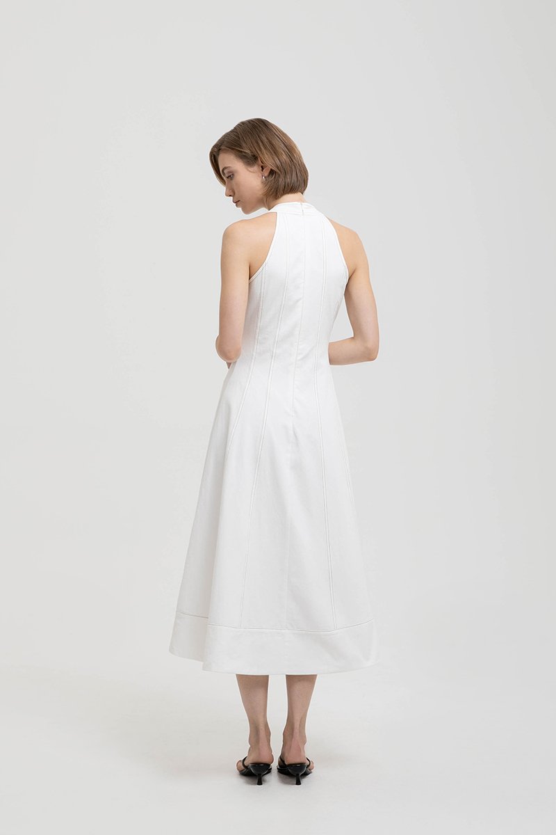 TAMARA HALTER PANELLED DENIM DRESS