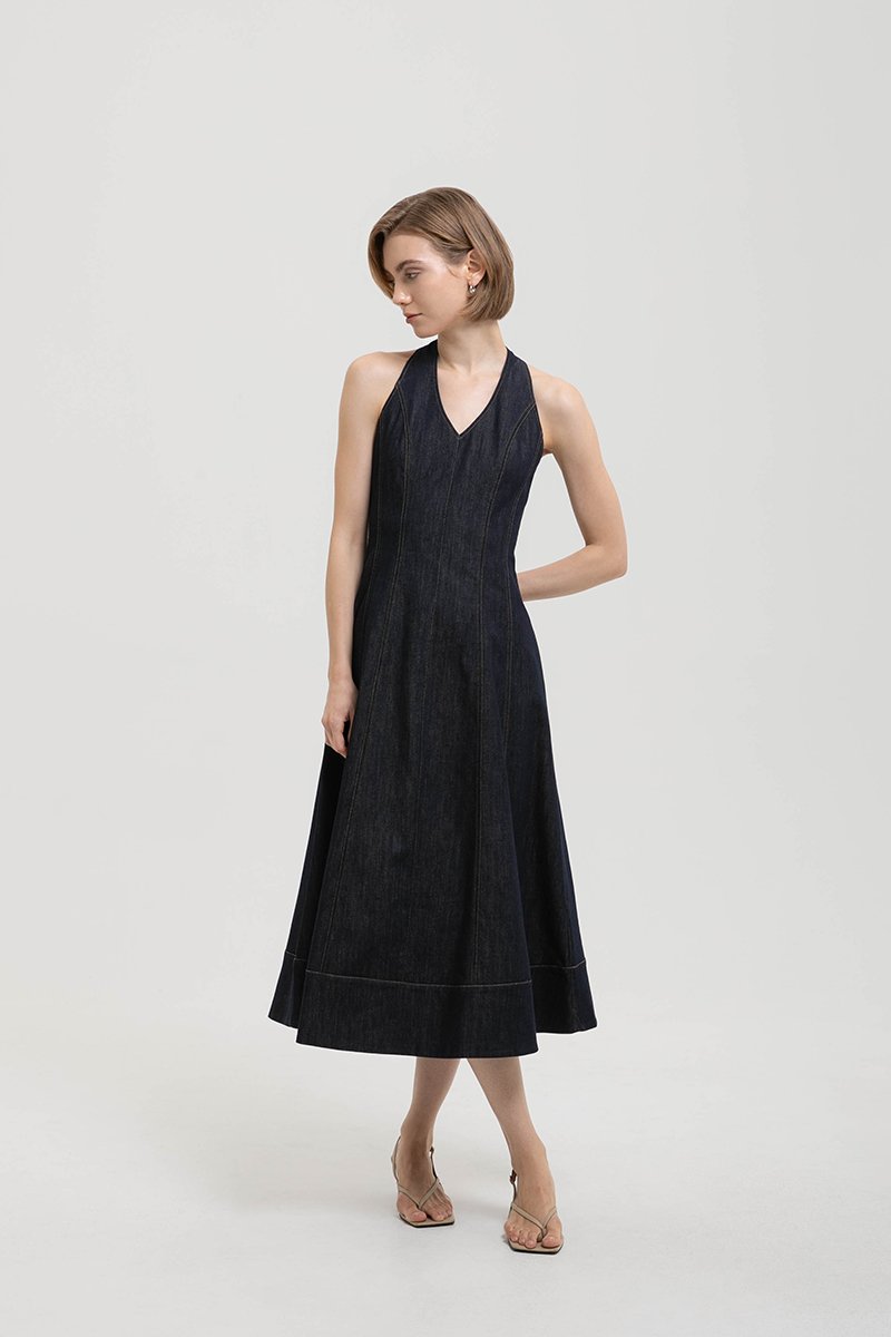 TAMARA HALTER PANELLED DENIM DRESS