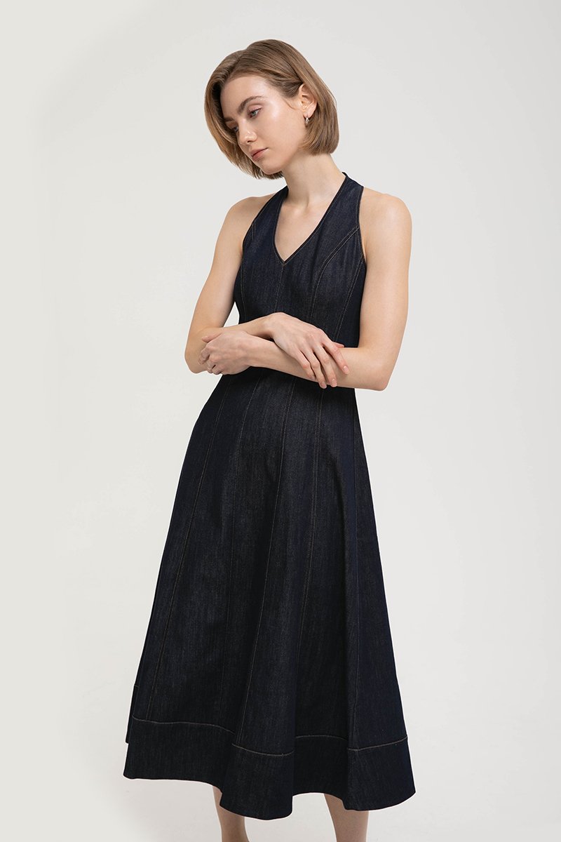 TAMARA HALTER PANELLED DENIM DRESS