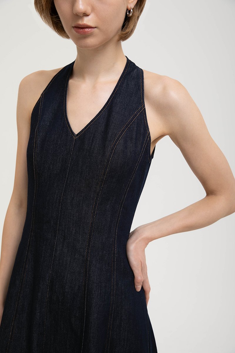TAMARA HALTER PANELLED DENIM DRESS