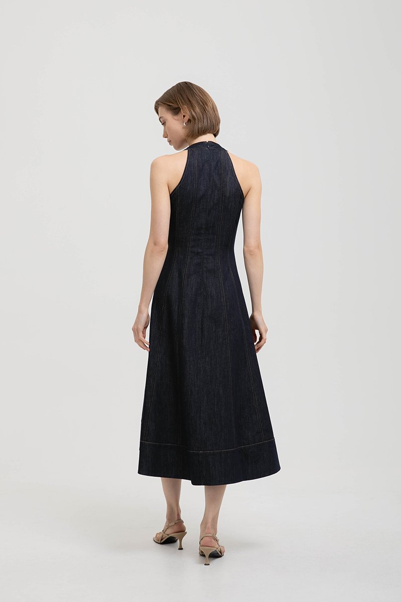 TAMARA HALTER PANELLED DENIM DRESS
