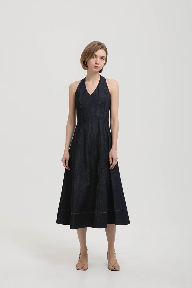 TAMARA HALTER PANELLED DENIM DRESS