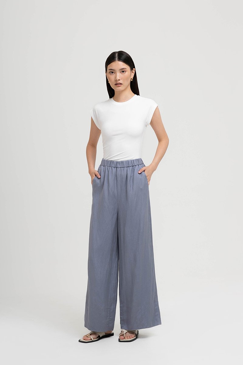 HARPER ELASTIC WAISTBAND WIDE LEG LINEN PANTS (SALE)