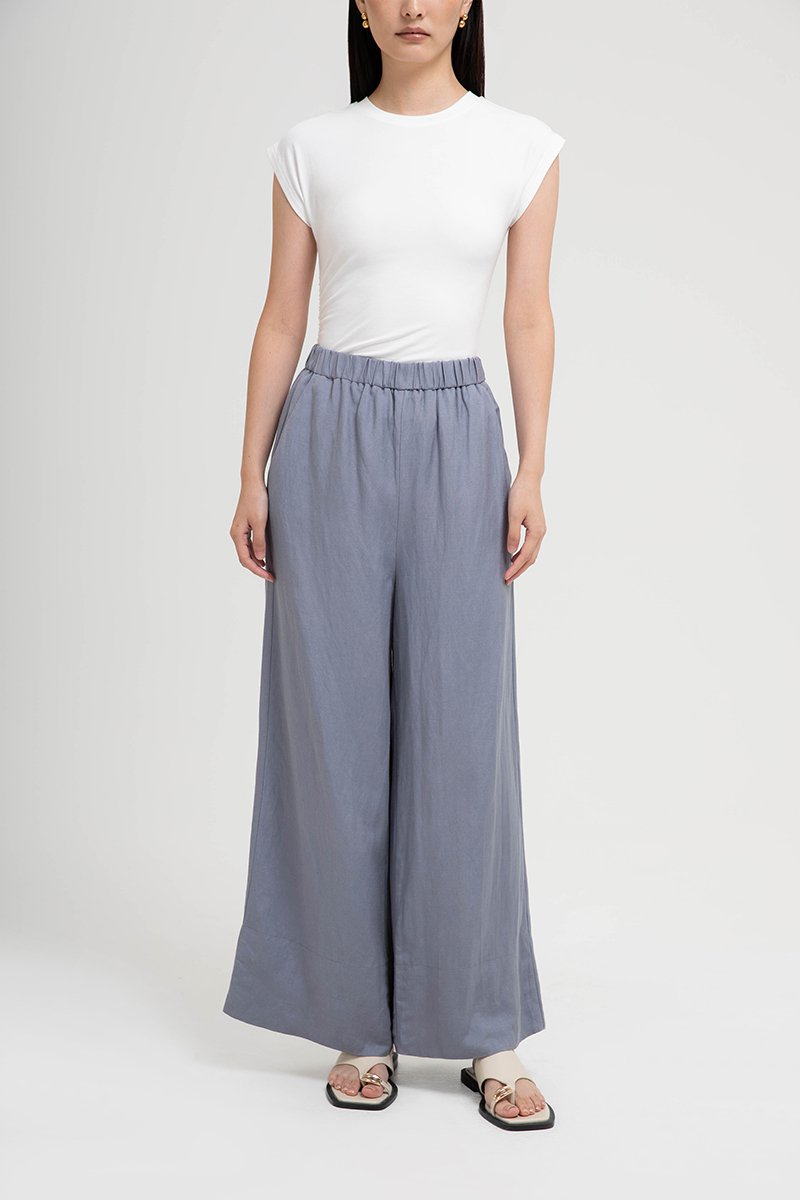 HARPER ELASTIC WAISTBAND WIDE LEG LINEN PANTS (SALE)
