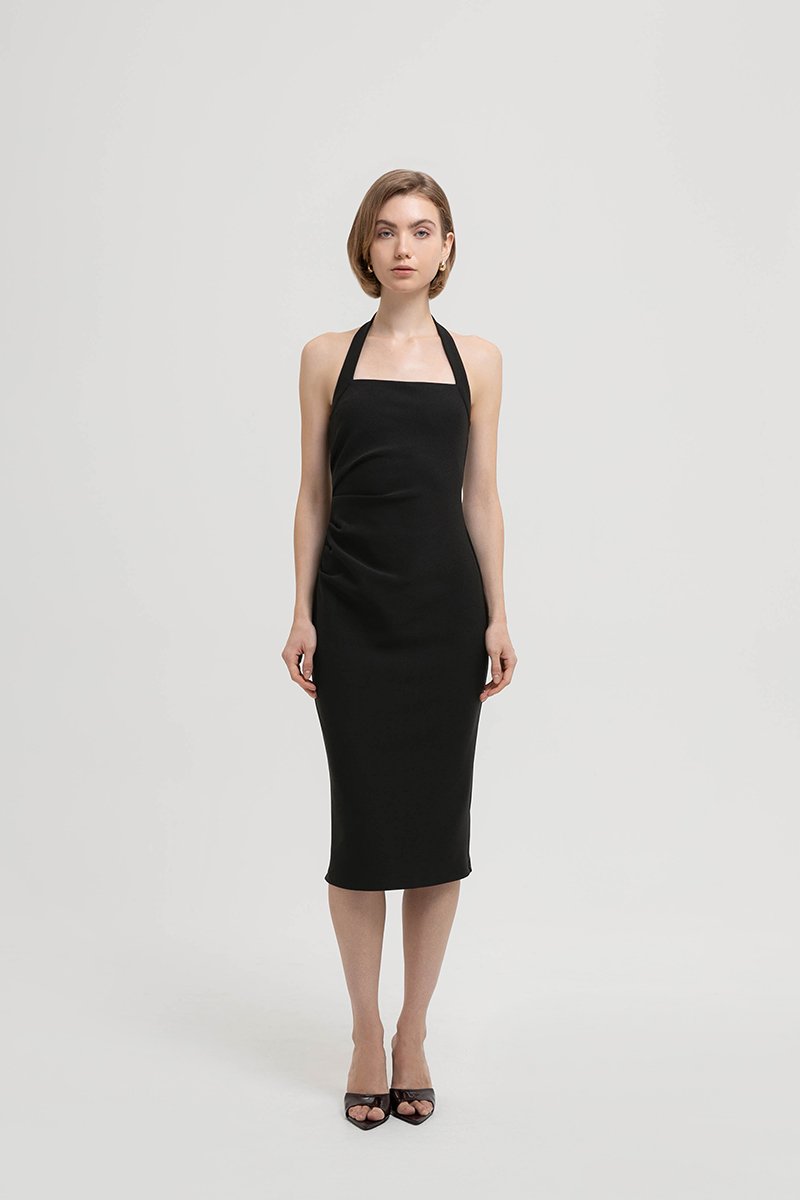 ADELINE HALTER RUCHED MIDI DRESS