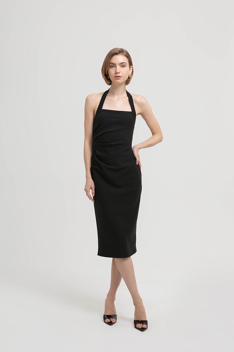 ADELINE HALTER RUCHED MIDI DRESS