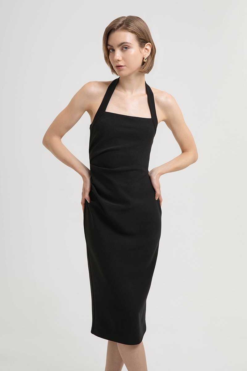 ADELINE HALTER RUCHED MIDI DRESS