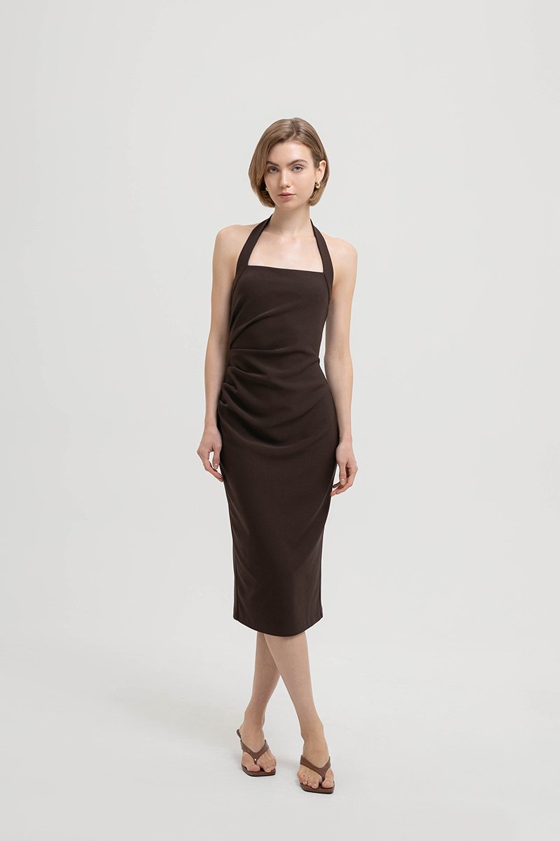 ADELINE HALTER RUCHED MIDI DRESS