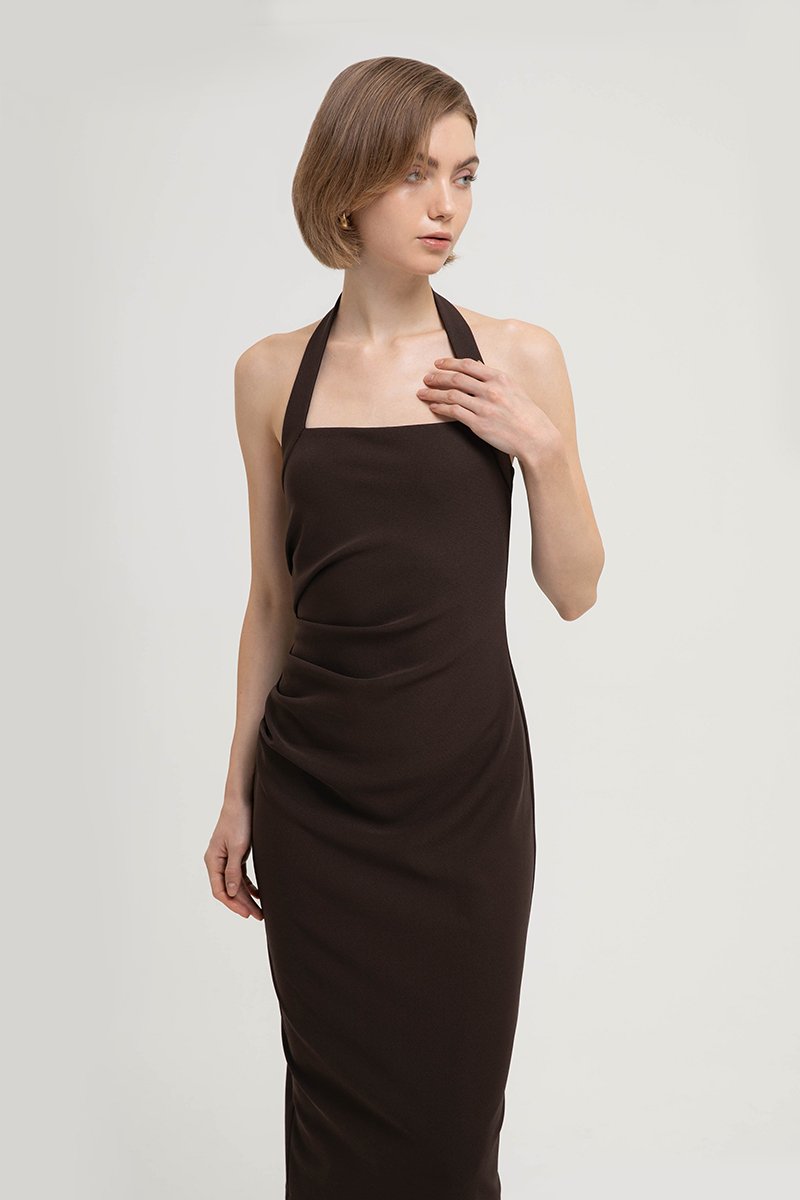 ADELINE HALTER RUCHED MIDI DRESS