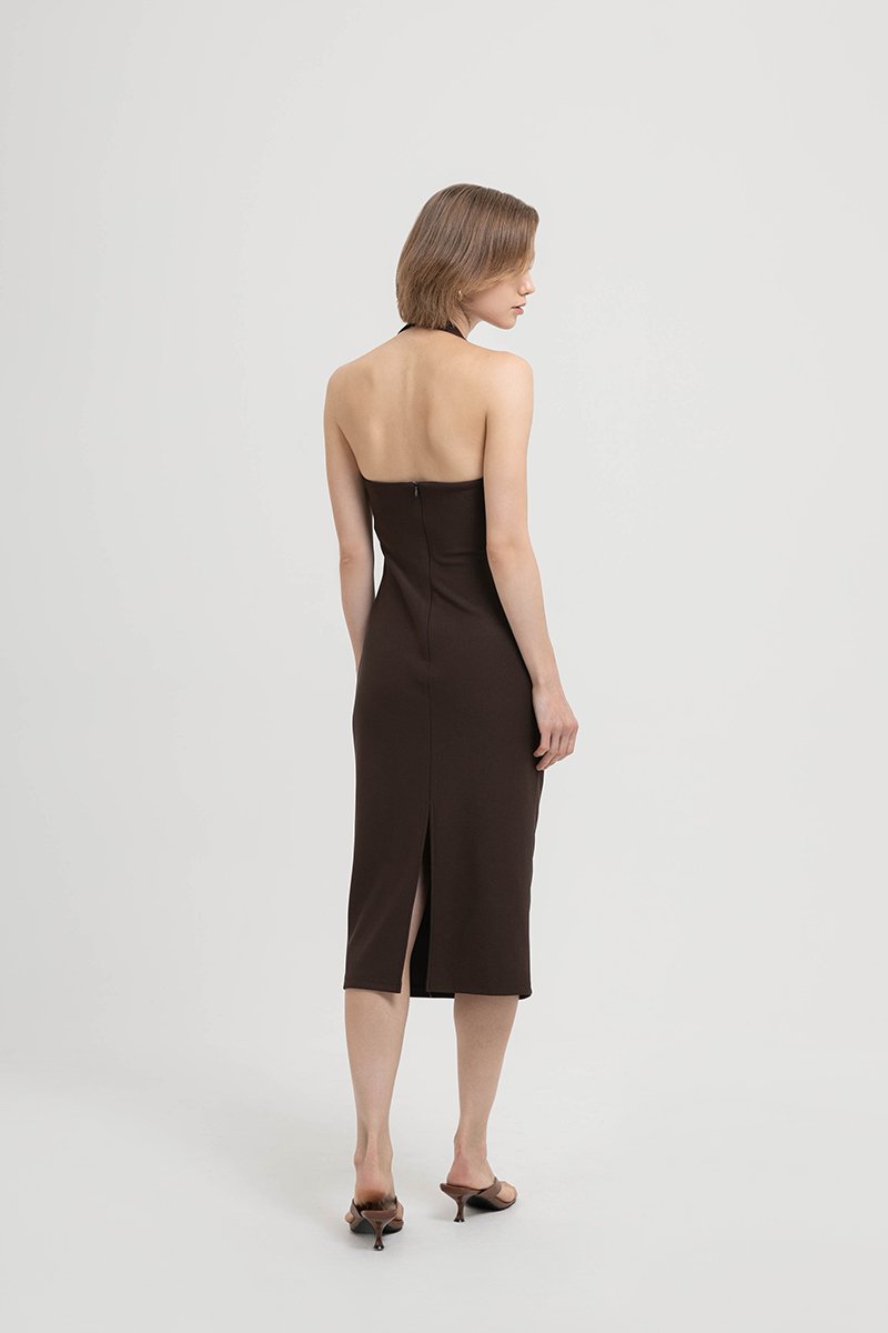 ADELINE HALTER RUCHED MIDI DRESS