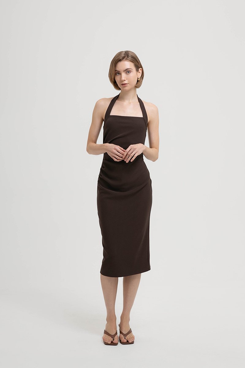 ADELINE HALTER RUCHED MIDI DRESS