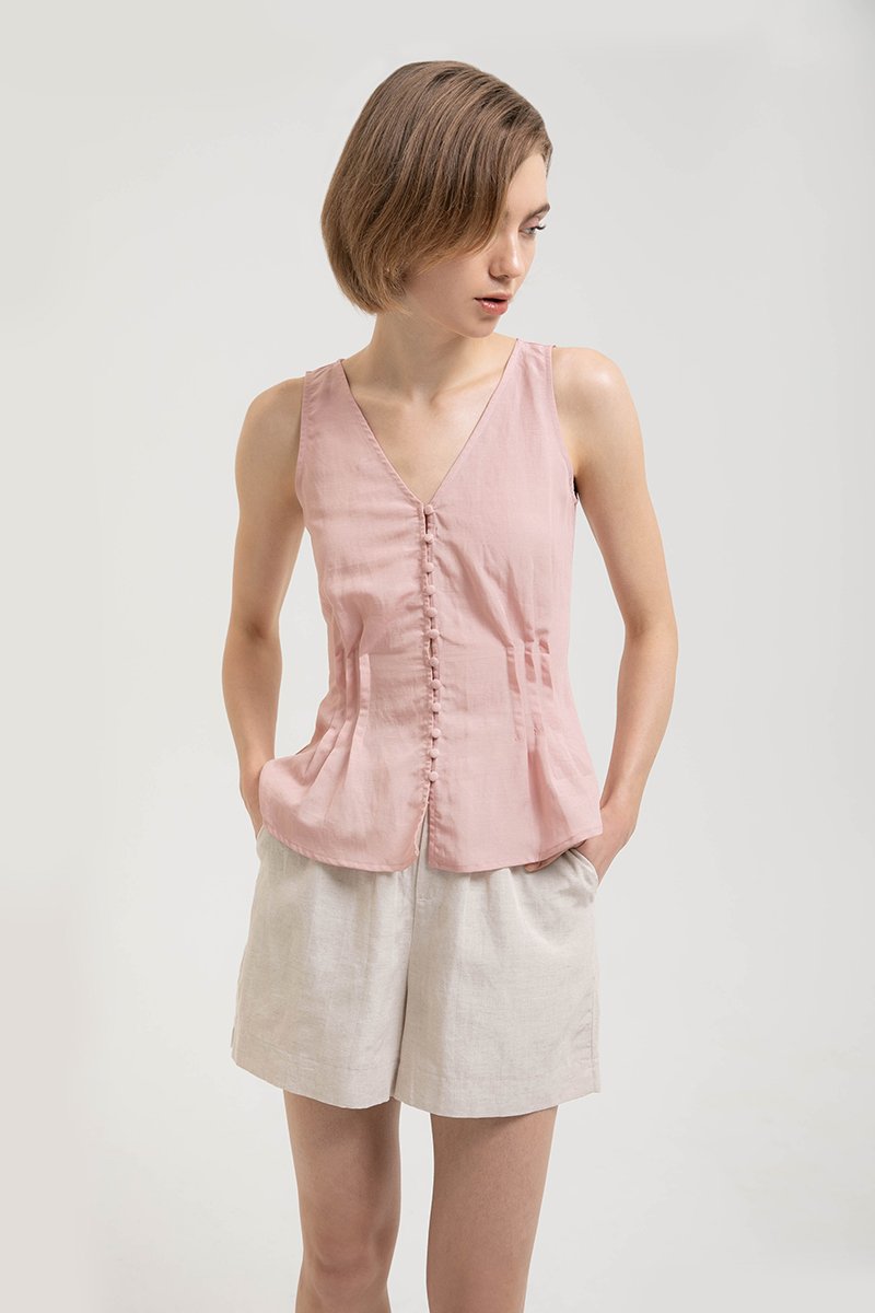 VIENNA BUTTONDOWN PLEATED LINEN TOP