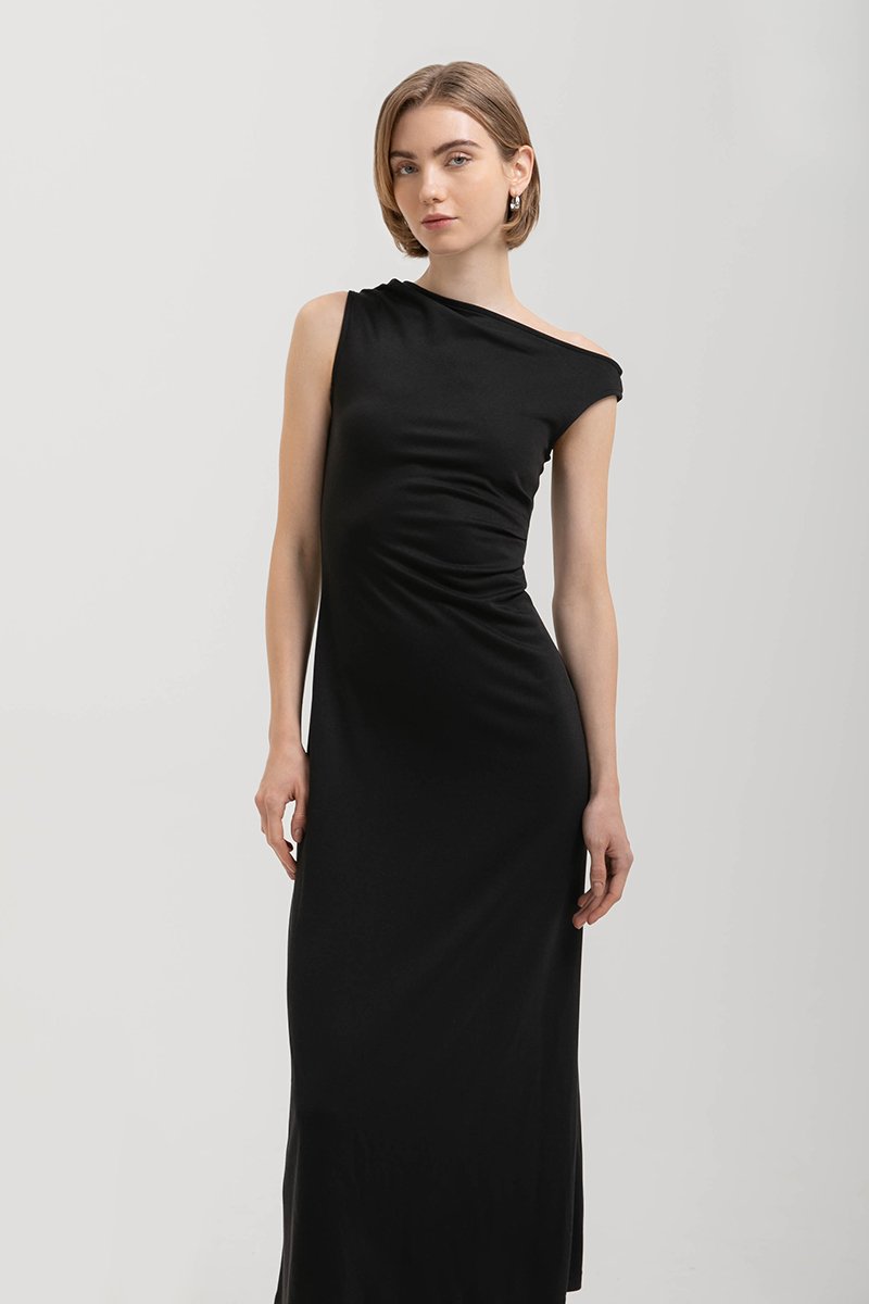 JANEY ASYMMETRIC RUCHED MIDI DRESS