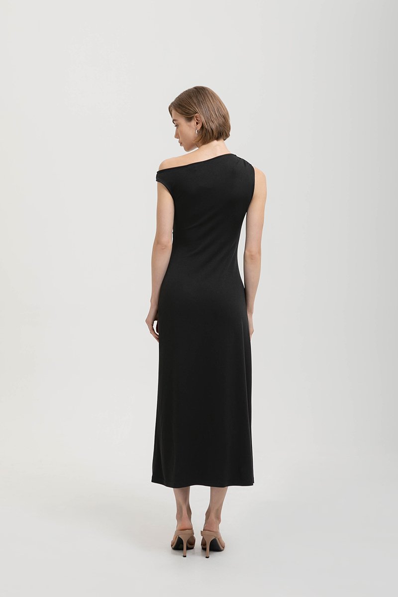 JANEY ASYMMETRIC RUCHED MIDI DRESS