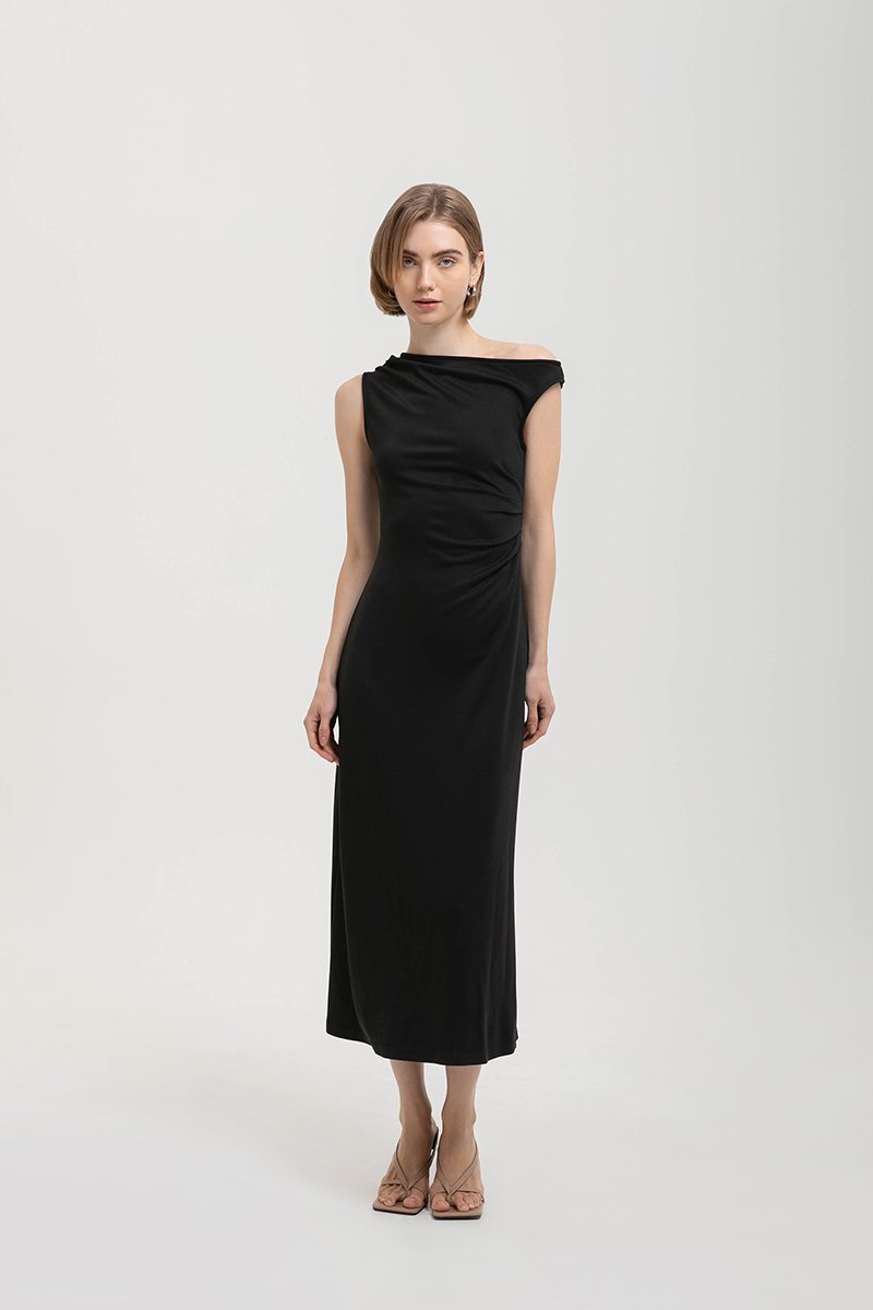 JANEY ASYMMETRIC RUCHED MIDI DRESS