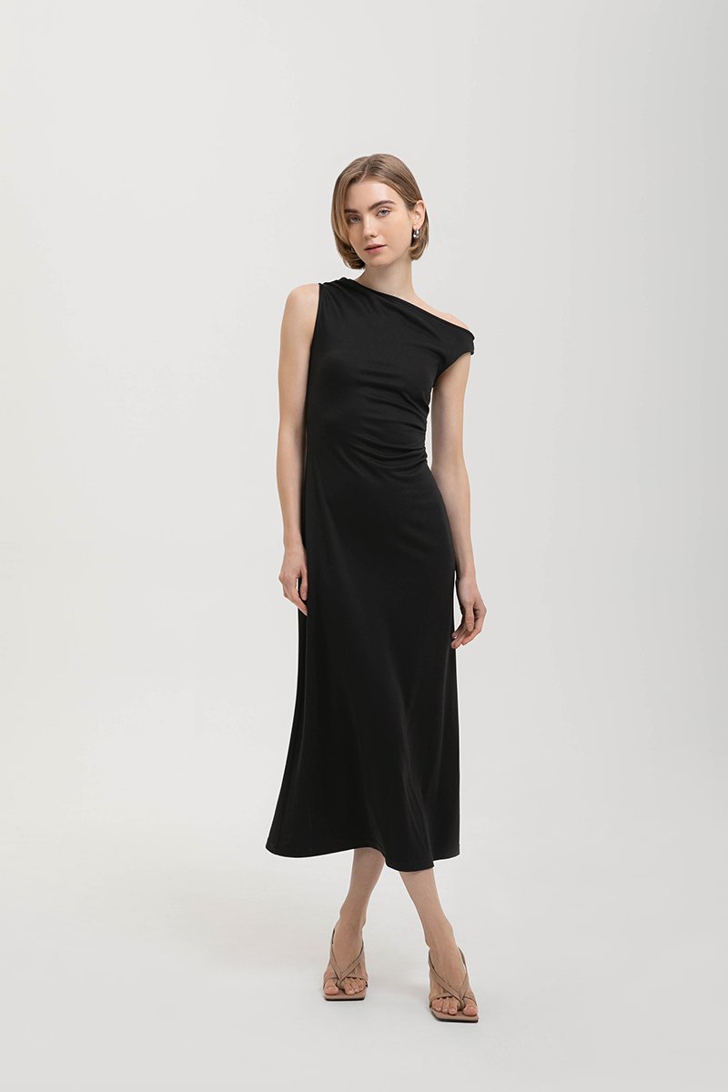 JANEY ASYMMETRIC RUCHED MIDI DRESS