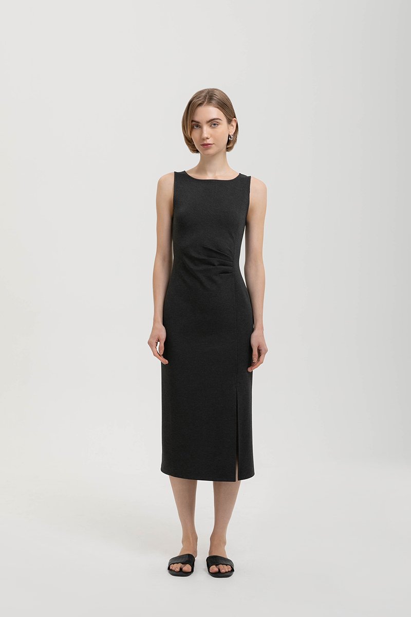 NORA RUCHED WAIST SHEATH MIDI DRESS