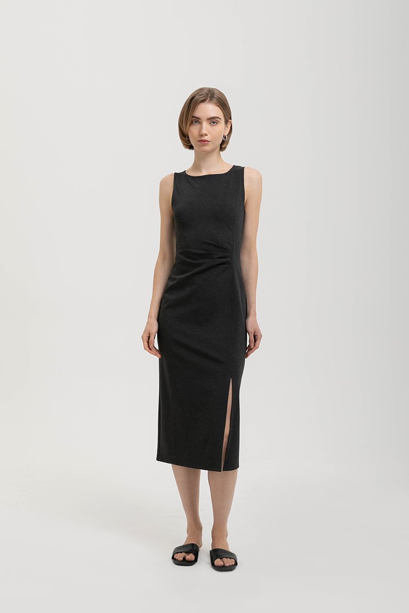 NORA RUCHED WAIST SHEATH MIDI DRESS