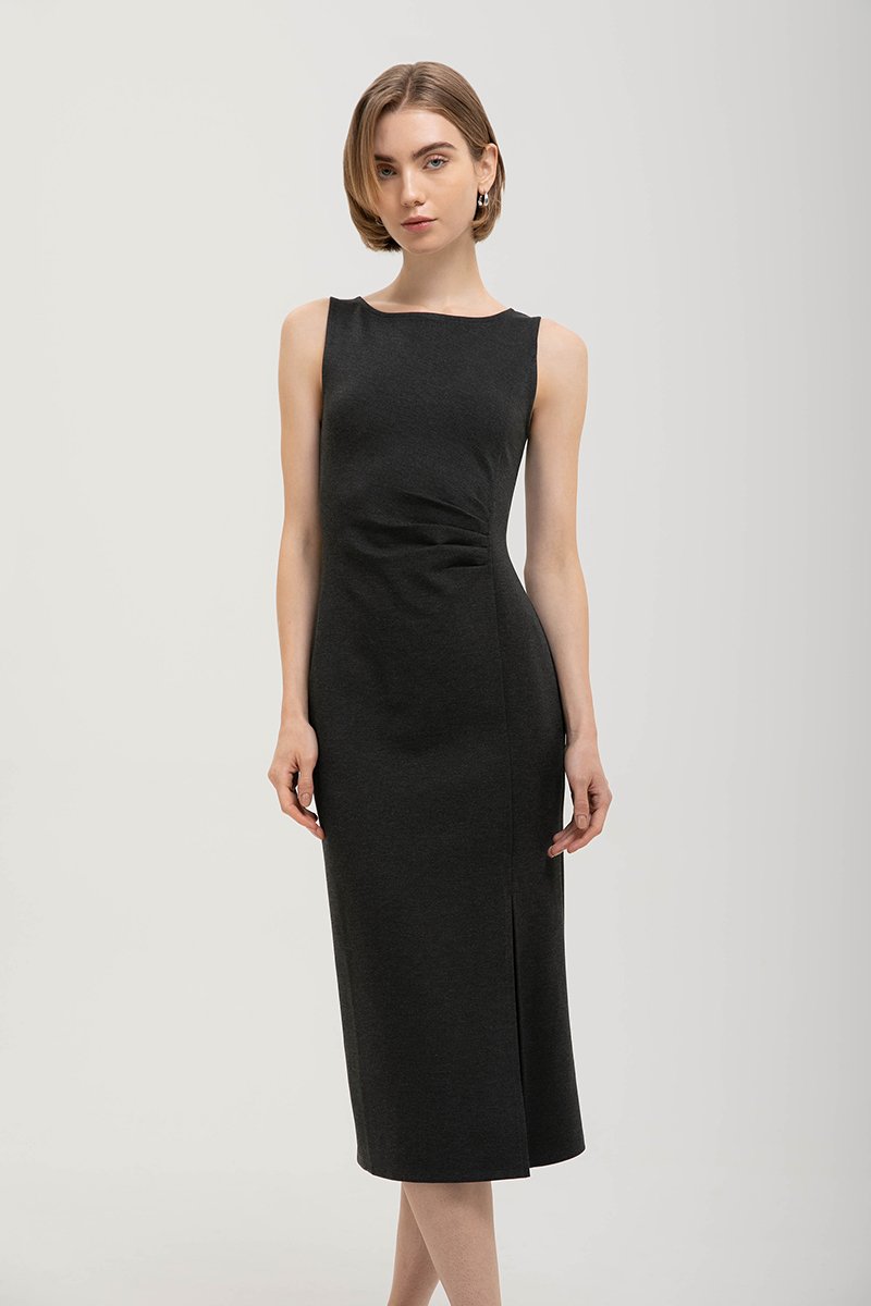 NORA RUCHED WAIST SHEATH MIDI DRESS