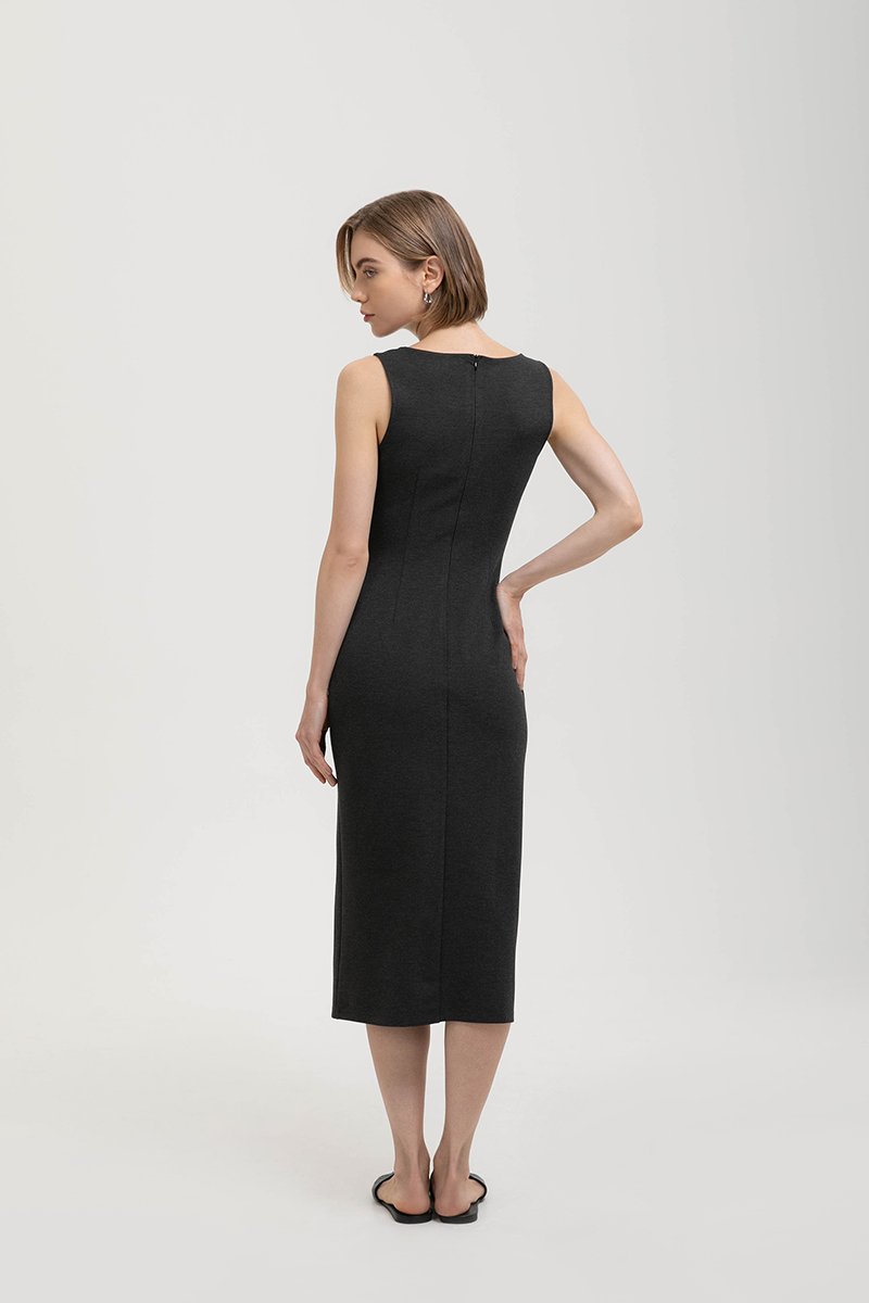 NORA RUCHED WAIST SHEATH MIDI DRESS