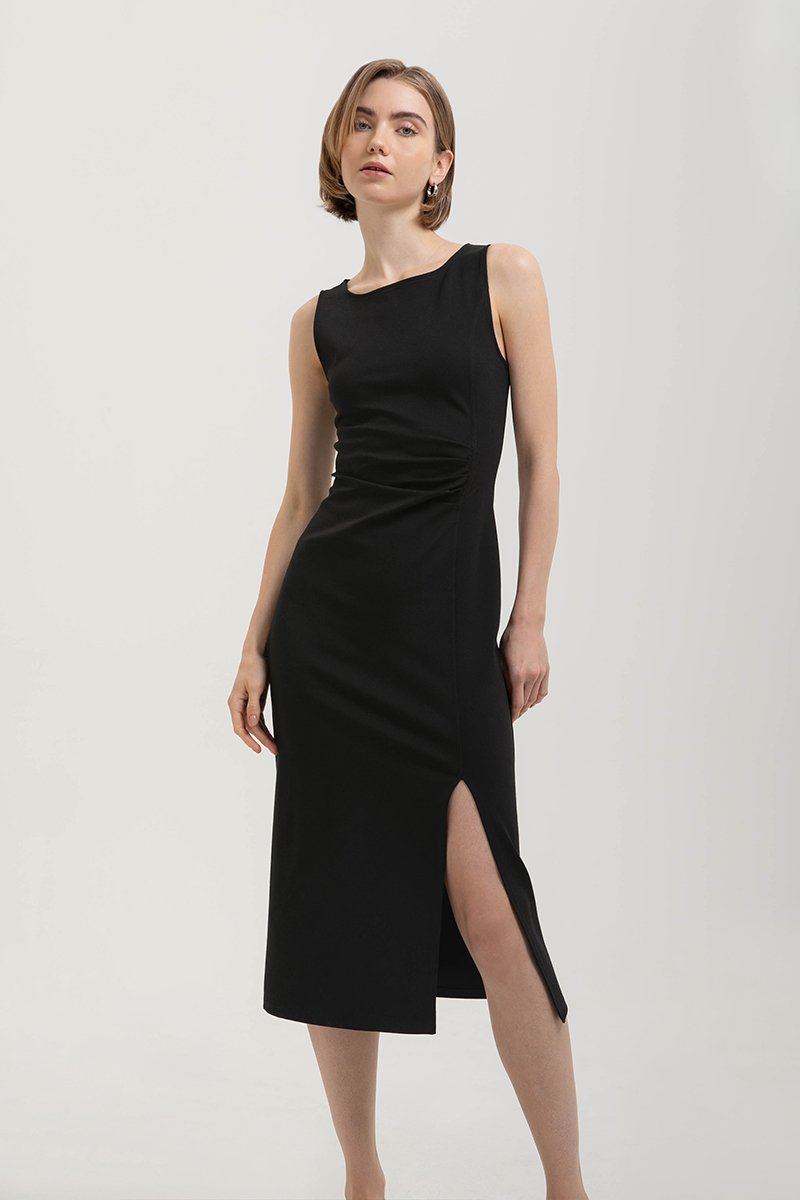 NORA RUCHED WAIST SHEATH MIDI DRESS