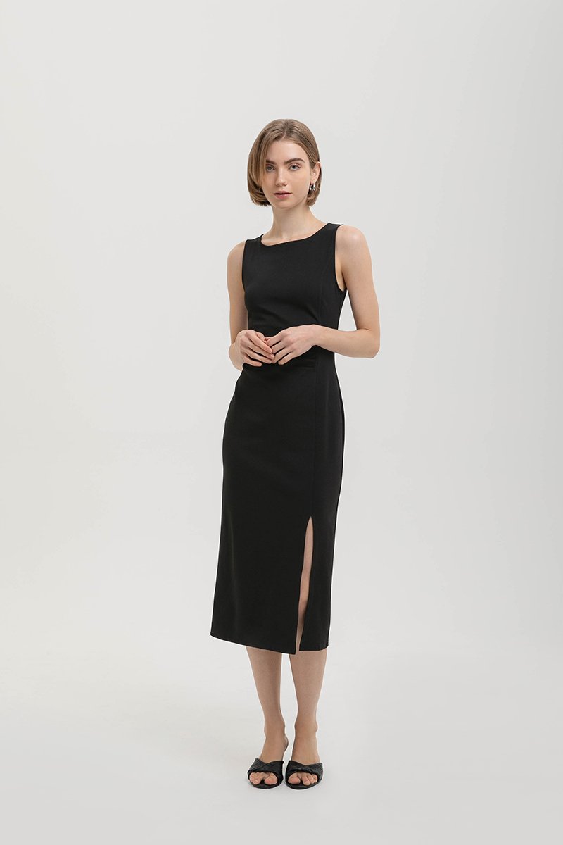 NORA RUCHED WAIST SHEATH MIDI DRESS