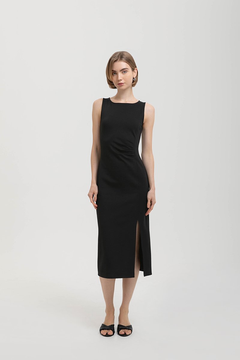 NORA RUCHED WAIST SHEATH MIDI DRESS