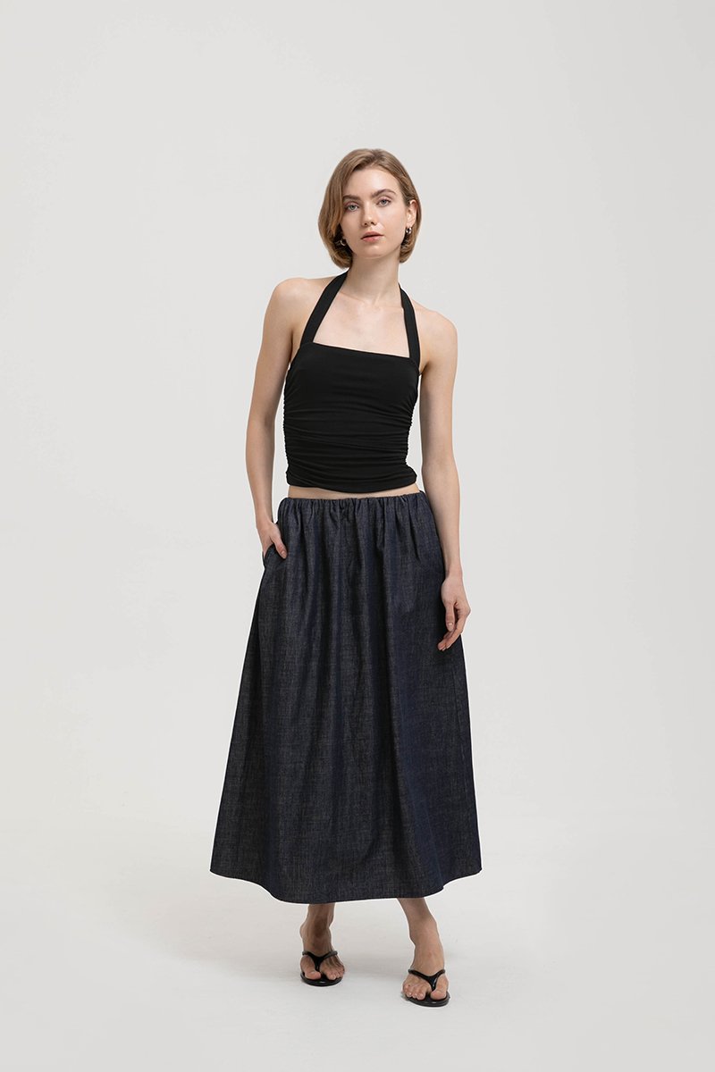 VARLEY LOW WAIST ELASTICATED CHAMBRAY DENIM SKIRT