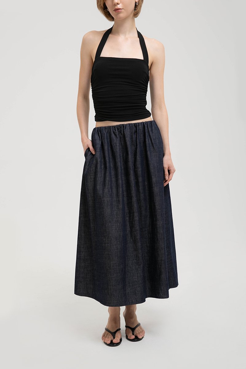 VARLEY LOW WAIST ELASTICATED CHAMBRAY DENIM SKIRT