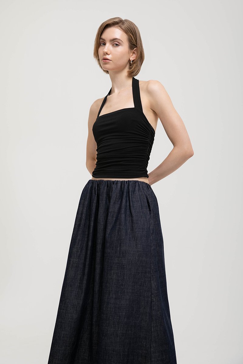 VARLEY LOW WAIST ELASTICATED CHAMBRAY DENIM SKIRT