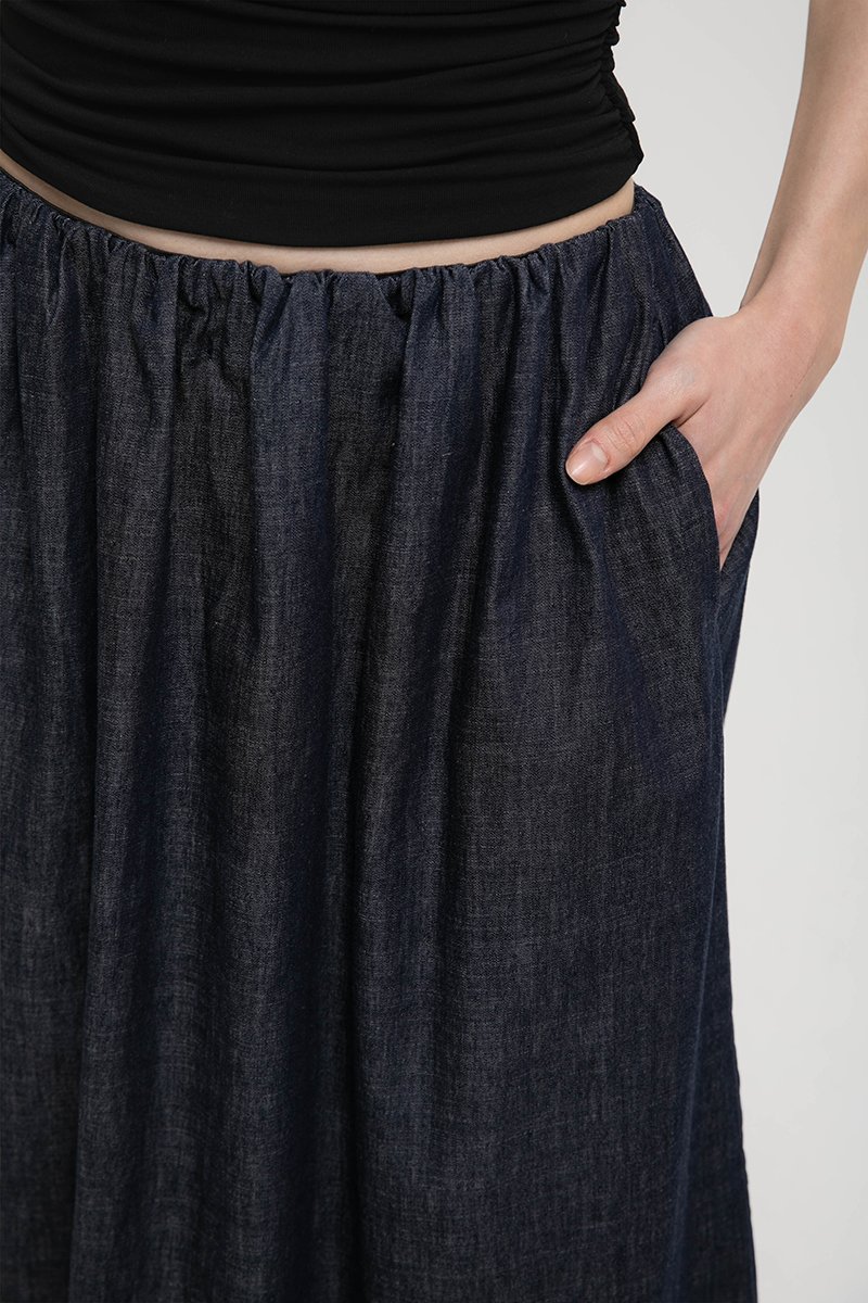 VARLEY LOW WAIST ELASTICATED CHAMBRAY DENIM SKIRT