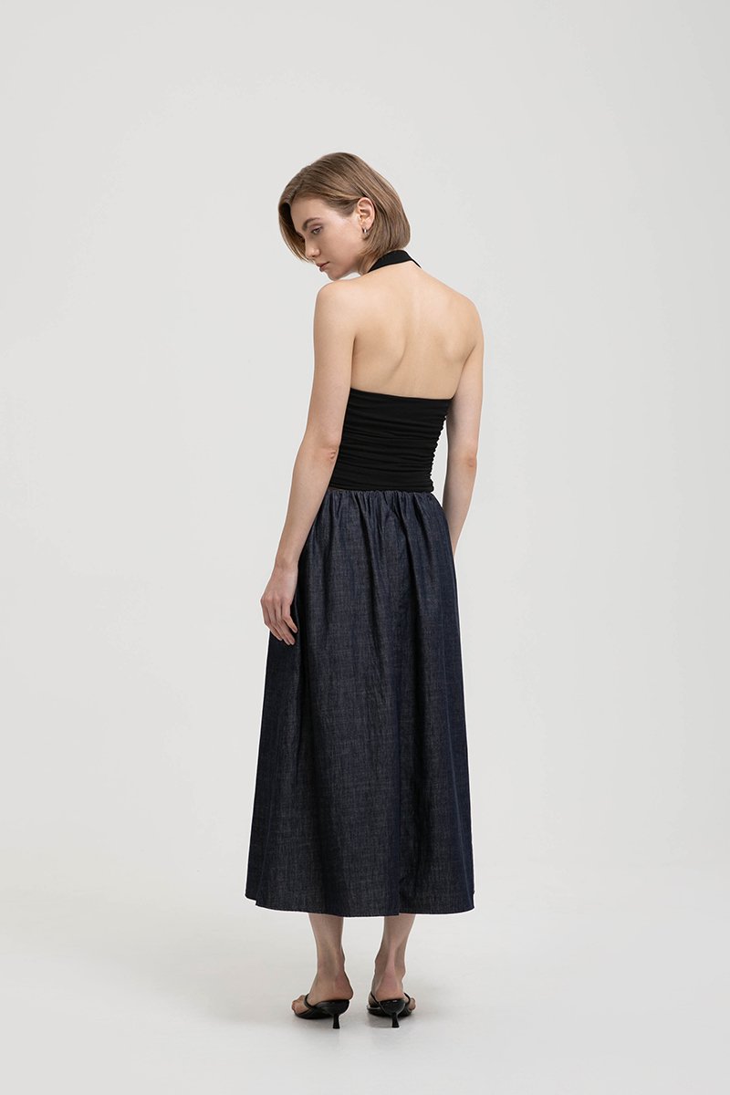 VARLEY LOW WAIST ELASTICATED CHAMBRAY DENIM SKIRT