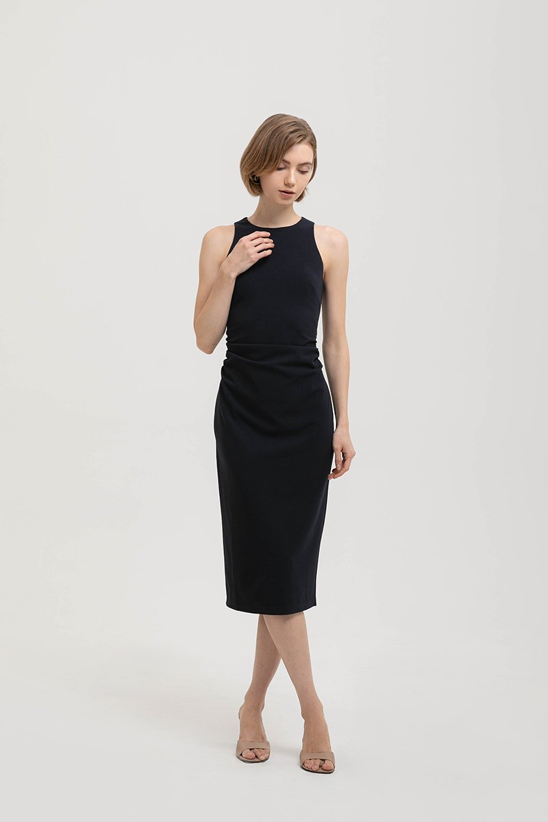 KELSIE RACER NECK RUCHED MIDI DRESS